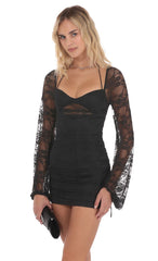 Lace Ruched Long Sleeve Dress in Black
