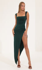 Ruched Side Slit Maxi Dress in Green
