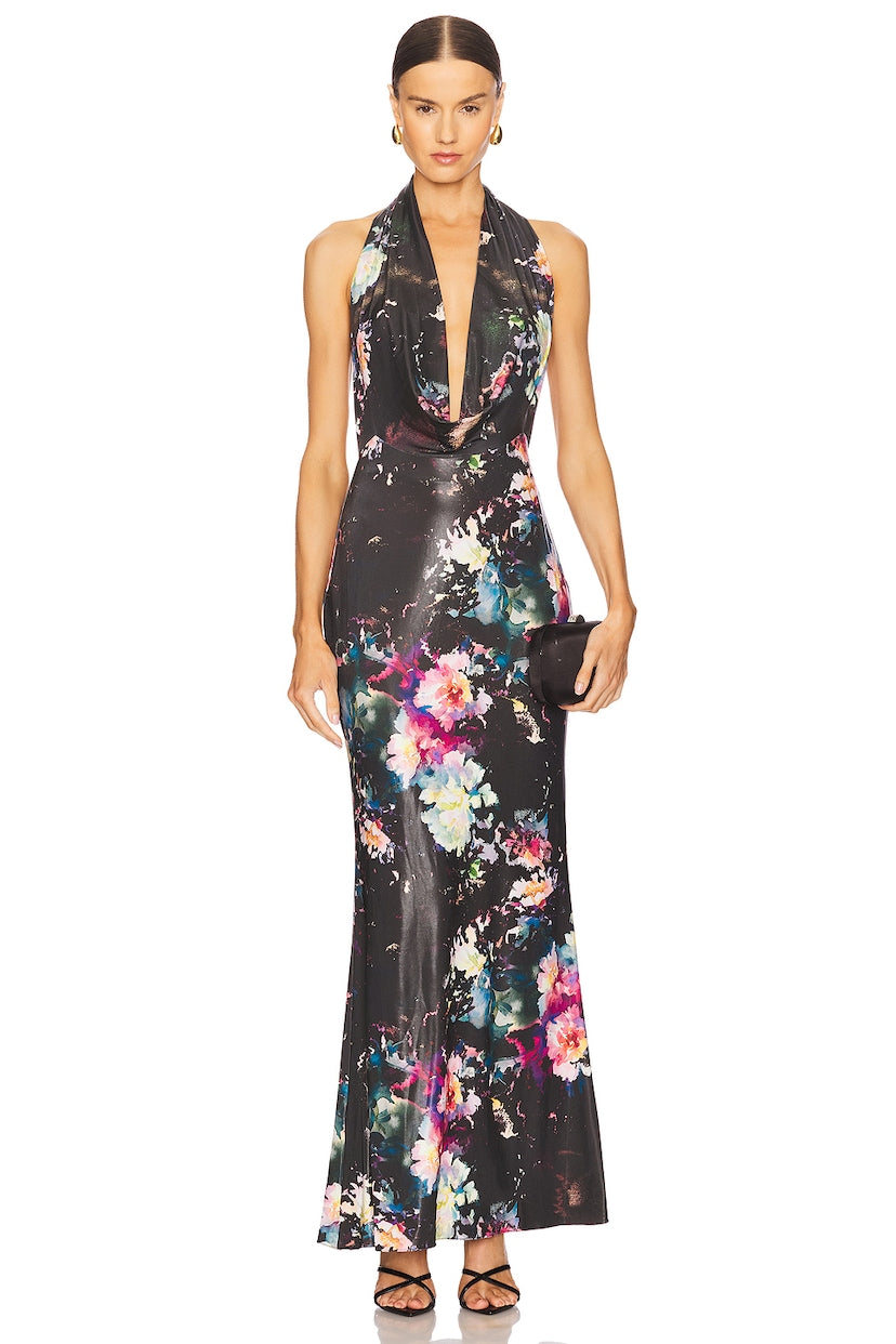 Floral Jersey Deep Cowl Neck Gown