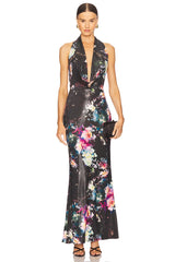 Floral Jersey Deep Cowl Neck Gown