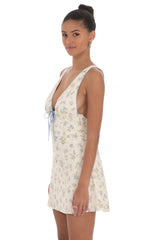 Floral Plunge Neck Dress in Cream