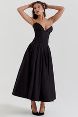 black strapless midi dress