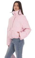 High Collar Cropped Puffer Jacket in Pink