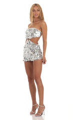 Silver Sequin Cutout Dress in White