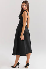 black satin twist strap midi dress