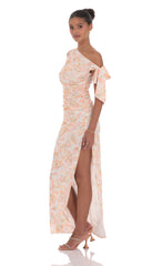 Floral Shimmer Off Shoulder Maxi Dress in Peach