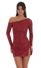 Sequin One Off Shoulder Bodycon Dress in Red