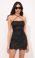 Scallop Sequin Lace Bodycon Dress in Black