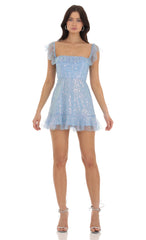 Celosia Sequin Ruffle Dress in Blue