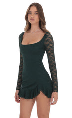 Lace Ruffle Long Sleeve Dress in Green