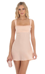 Satin Lace Trim Open Back Dress in Peach