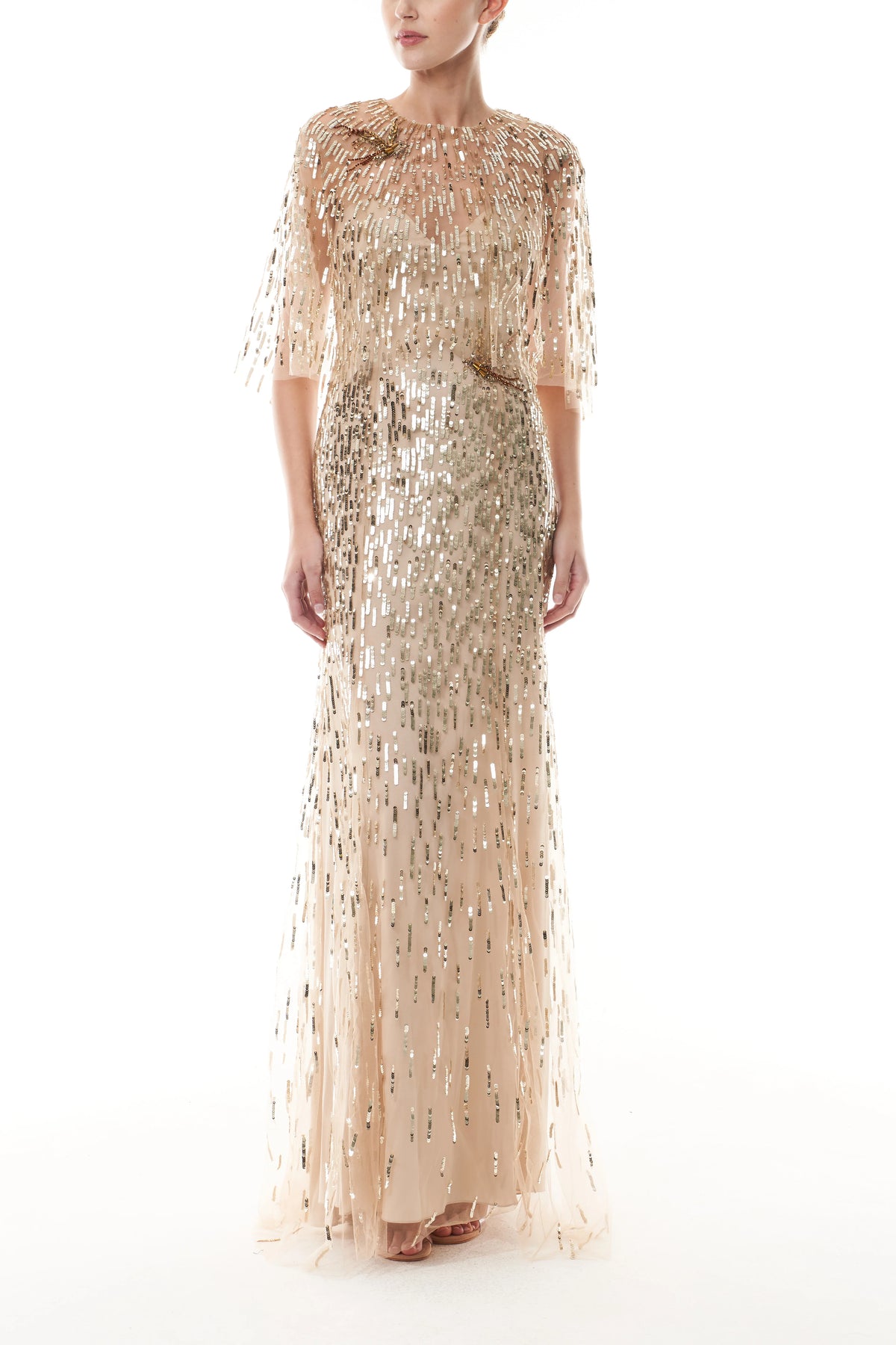 Gold Embroidered Gown With Capelet