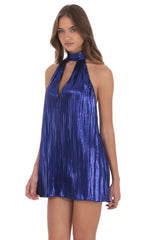Metallic Pleated Shift Dress in Blue