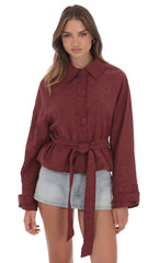 Suede Belted Leather Jacket in Burgundy